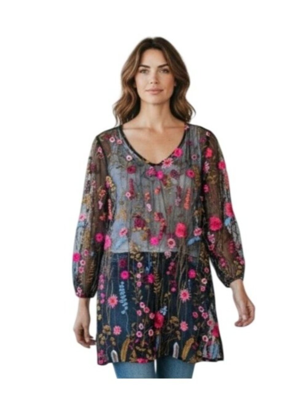 John Mark Embroidered Mesh Tunic Top S Floral Sheer Boho Peasant Side Slit